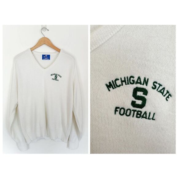 Champion Vintage 80s Unisex Michigan State Football Cream Acrylic V Neck Sweater - Picture 10 of 10